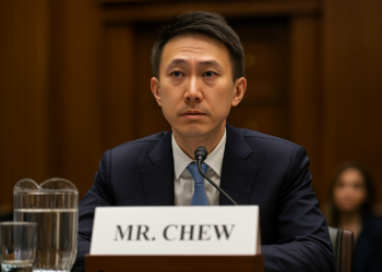 Shou Zi Chew, TikTok CEO, speaking into a microphone during a U.S. congressional hearing.