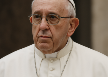 Portrait of Pope Francis in his white cassock and pectoral cross, looking solemnly forward against a softly blurred background.