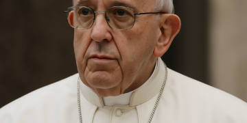 Portrait of Pope Francis in his white cassock and pectoral cross, looking solemnly forward against a softly blurred background.